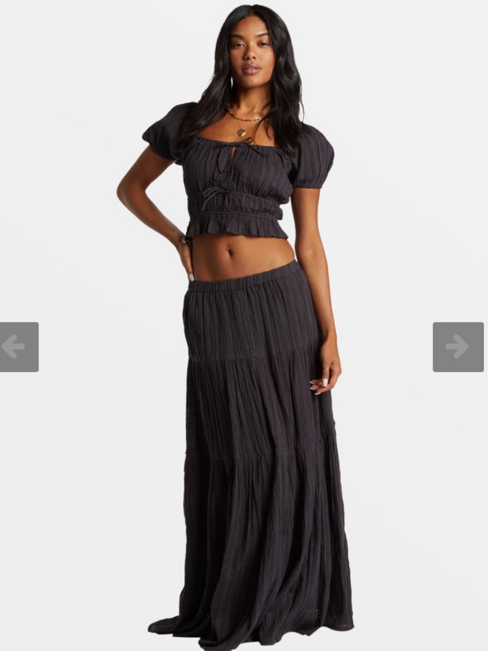 Billabong Charcoal Gray Crinkle Tiered Maxi Skirt size Large Boho Peasant Flowy
